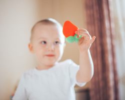 elder brother kid boy hold teether and give to little sister fot teeth